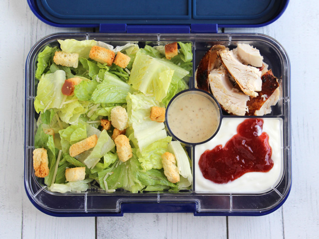 Yumbox Tapas packed with a Caesar Salad for a teen