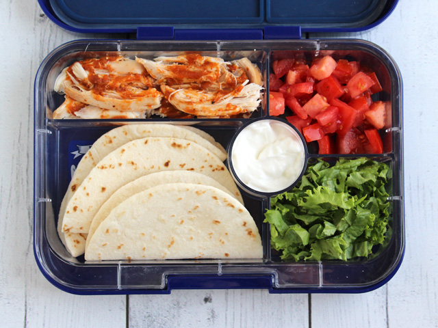 Yumbox Tapas lunch box filled with chicken taco fixin's